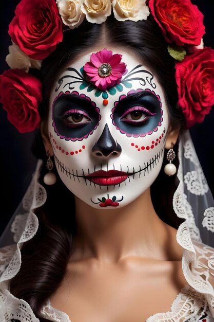 Młoda kobieta z makijażem w kształcie czaszki cukru i kwiatami we włosach