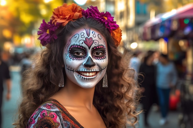 młoda kobieta z malowaną czaszką na twarzy na zewnątrz Obchody Dnia Zmarłych w Meksyku