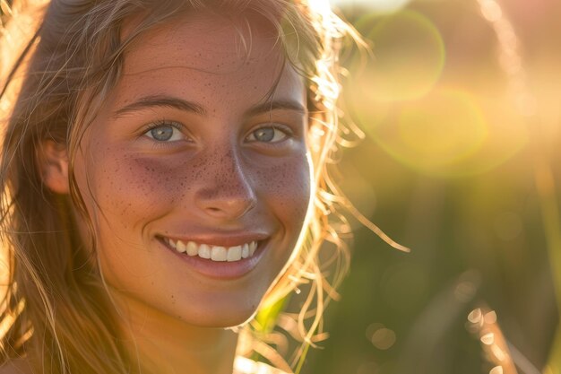 Zdjęcie młoda kobieta z niebieskimi oczami i uśmiechem na twarzy.