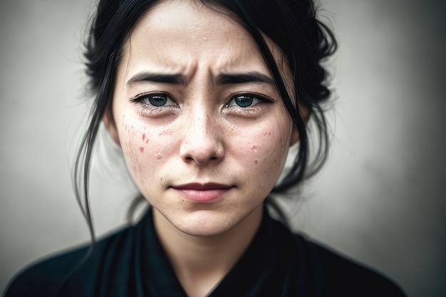 Młoda kobieta z piegami i smutnym wyrazem twarzy