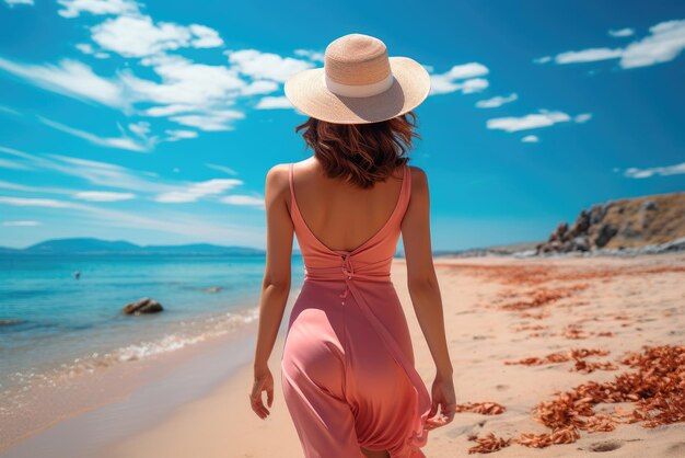 Młoda kobieta z piękną figurą w różowej sukience chodzi wzdłuż plaży nad morzem na letnich wakacjach Widok od tyłu