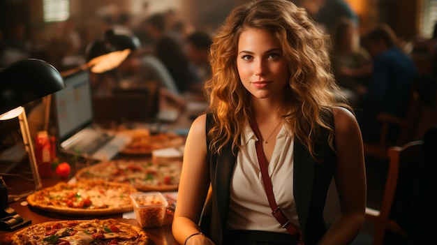 młoda kobieta z pizzą w kawiarni
