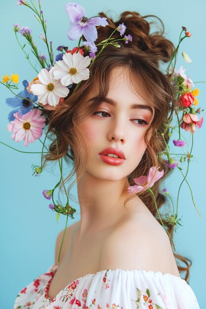 Zdjęcie młoda kobieta z polnymi kwiatami we włosach