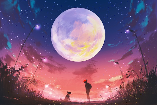 młoda kobieta z psem w piękną noc z ogromnym księżycem powyżej, obraz ilustracyjny
