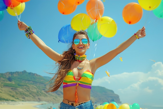 Zdjęcie młoda kobieta z radością uwalniająca kolorowe balony na czyste niebieskie niebo esencję wolności i