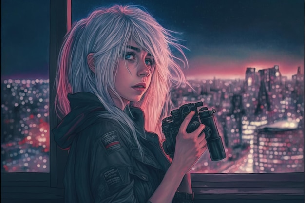 Młoda kobieta z siwymi włosami trzymająca aparat w pobliżu okna z widokiem na nocne miasto Koncepcja fantasy Obraz ilustracyjny Generative AI