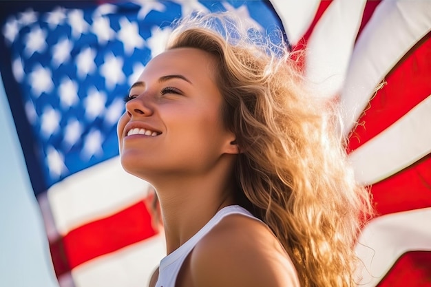 Młoda kobieta z tłem flagi Ameryki