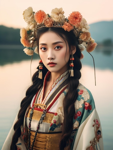 Zdjęcie młoda kobieta z tradycyjnym chińskim strojem