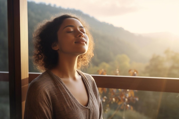 Młoda kobieta z wyciągniętymi ramionami oddycha świeżym powietrzem podczas wschodu słońca na balkonie Dziewczyna cieszy się