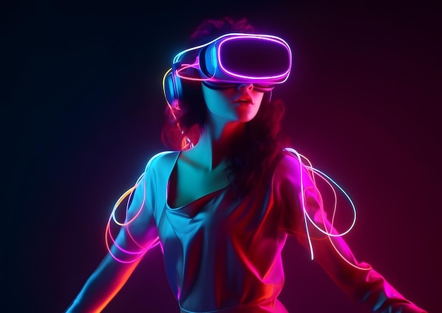 Młoda kobieta z zestawem słuchawkowym VR i doświadczająca wirtualnej rzeczywistości metaverse i świata fantasy