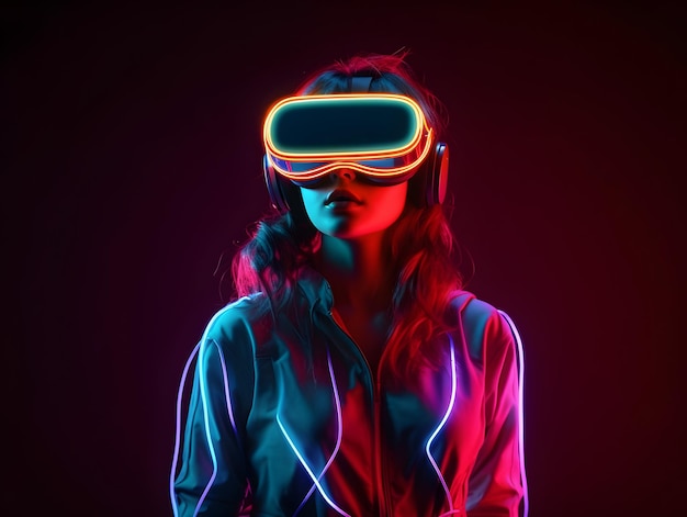 Młoda kobieta z zestawem słuchawkowym VR i doświadczająca wirtualnej rzeczywistości metaverse i świata fantasy