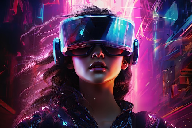 Młoda kobieta z zestawu wirtualnej rzeczywistości na tle neonów