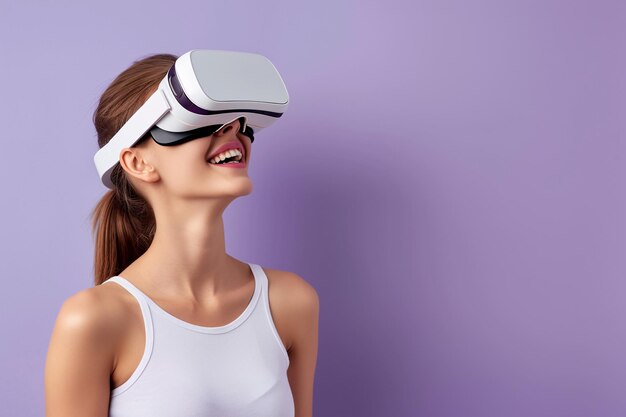 Młoda kobieta zaangażowana w doświadczenie rzeczywistości wirtualnej na fioletowym tle Generatywna sztuczna inteligencja
