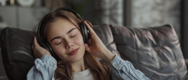 Młoda kobieta zagubiona w muzyce cieszy się rytmem z zamkniętymi oczami i słuchawkami