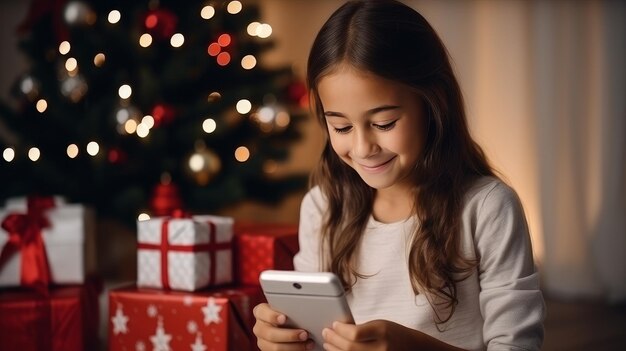Młoda kobieta zamawia prezenty na Nowy Rok podczas świątecznych wakacji w domu za pomocą smartfona i karty kredytowej