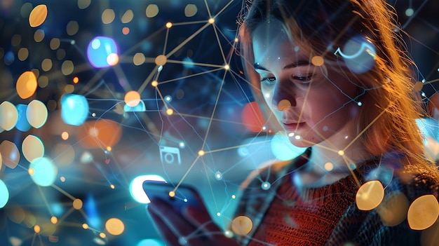 Zdjęcie młoda kobieta zanurzona w swoim smartfonie wśród świecących świateł i cyfrowej sieci koncepcja futurystyczny styl portret technologiczna łączność ai