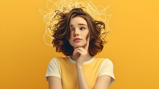 Młoda kobieta zastanawiająca się nad twórczymi myślami wirująca nad głową na żółtym koncepcyjnym portrecie artystyczna ekspresja sztuczna inteligencja