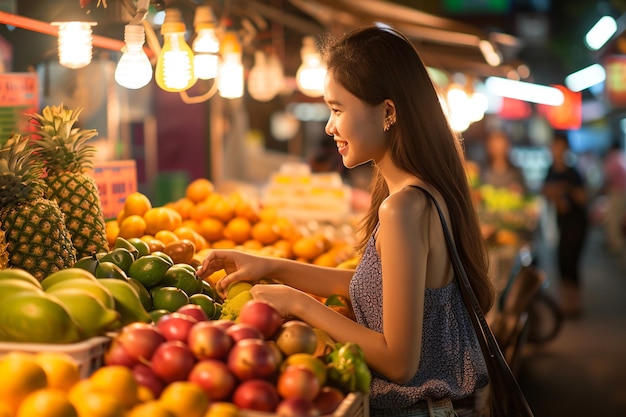 Młoda kobieta zbierająca owoce w sklepie spożywczym za pomocą sztucznej inteligencji