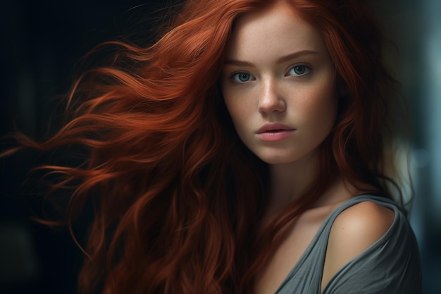 Młoda kobieta ze zdrowymi, długimi, czerwonymi włosami.