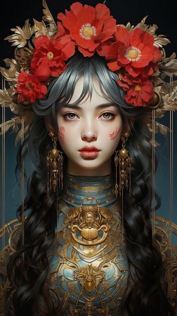 Zdjęcie młoda kobieta ze złotą dekoracją i czerwonymi kwiatami na głowie bogini jako koncepcja księżniczki