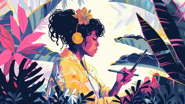 Zdjęcie młoda kolorowa kobieta siedzi w bujnym ogrodzie i rysuje na cyfrowym tabletie, ma na słuchawkach słuchawki i kwiat we włosach.