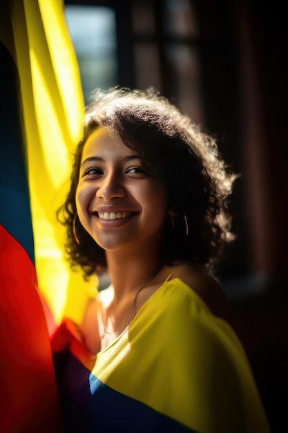 Młoda kolumbijska kobieta uśmiecha się obok kolumbijskiej flagi