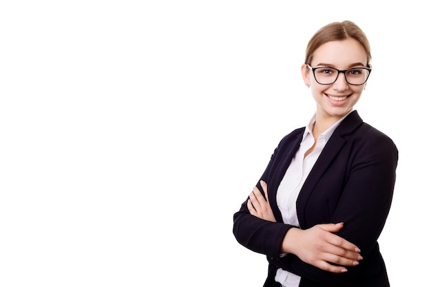 Młoda Ładna bizneswoman w okularach i kurtce