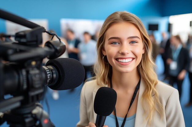 Młoda, ładna blondynka jako reporterka z mikrofonem i wiadomościami.