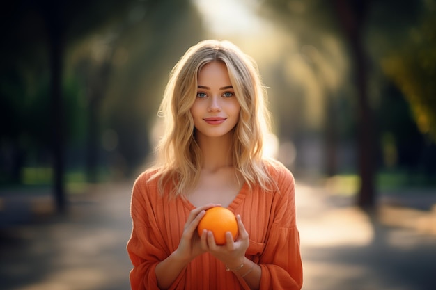 Młoda ładna blondynka na świeżym powietrzu w parku trzymająca pomarańczę