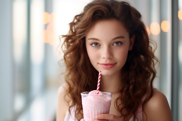 Zdjęcie młoda, ładna, brunetka w domu z truskawkowym milkshake'em.