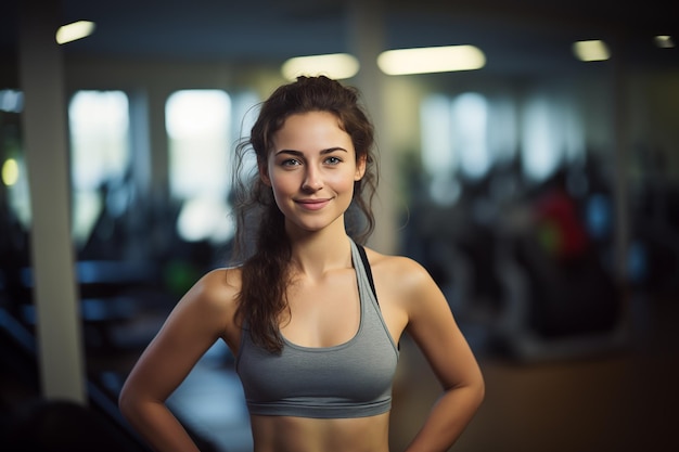 Młoda, ładna brunetka w stroju sportowym w siłowni.