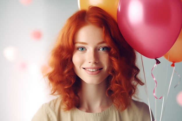 Młoda, ładna, czerwona dziewczyna na izolowanym białym tle trzymająca balony.