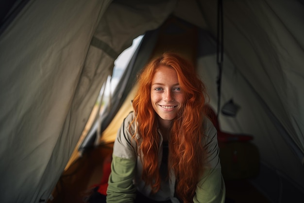 Młoda, ładna, czerwona kobieta w namiocie.