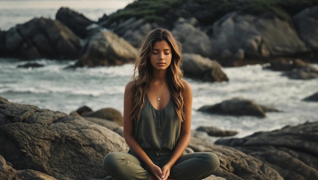 Młoda, ładna, długowłosa kobieta medytująca na skale na wybrzeżu przy zachodzie słońca