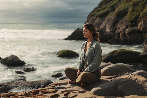 Zdjęcie młoda, ładna, długowłosa kobieta medytująca na skale na wybrzeżu przy zachodzie słońca