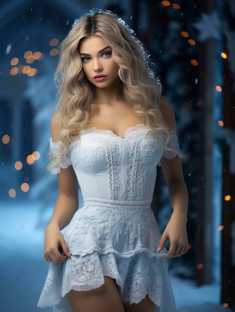 Młoda, ładna dziewczyna Christmas Snow Maiden w fantastycznej sukience