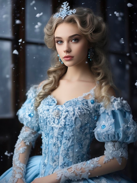Młoda, ładna dziewczyna Christmas Snow Maiden w fantastycznej sukience