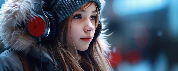 Młoda ładna dziewczyna z słuchawkami na uszach Generatywna sztuczna inteligencja