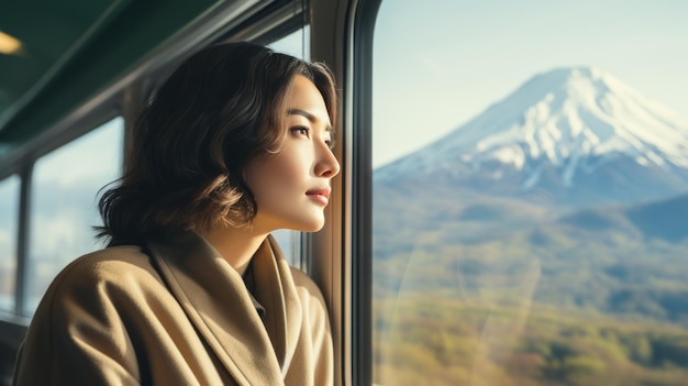 Młoda ładna kobieta podróżująca pociągiem z siedzenia w pobliżu okna Koncepcja podróży Generatywna AI