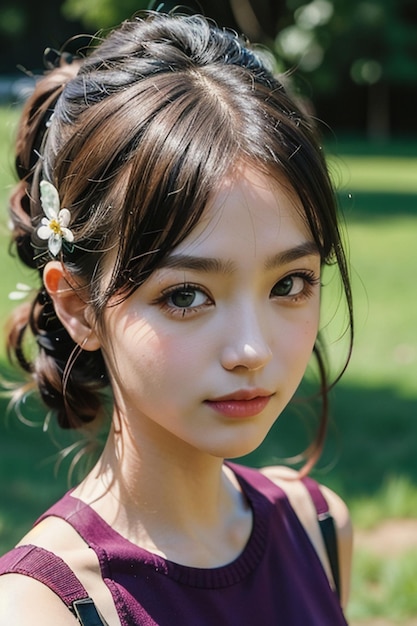 Młoda ładna orientalna azjatycka dziewczyna uśmiecha się i robi zdjęcia na zewnątrz z wykwintnymi rysami twarzy