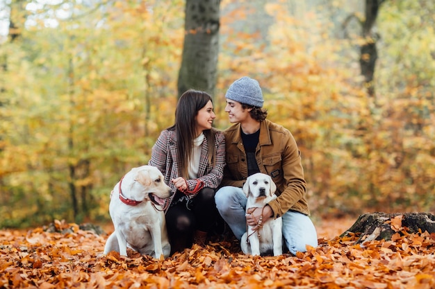 Młoda ładna para i ich dwa złote labradorki spacerują po jesiennym parku