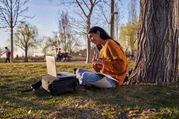 Młoda Latynoska z długimi włosami gra na laptopie podczas gry na ukulele pod drzewem w parku