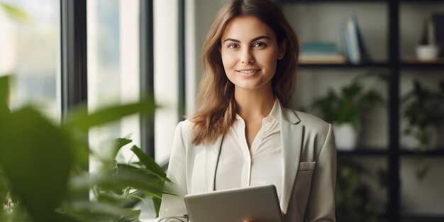 Młoda, mądra, uśmiechnięta, profesjonalna kobieta biznesowa, szczęśliwa, pewna siebie, pracownica firmy, kierownik sprzedaży.