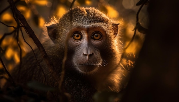 Młoda małpa siedząca na gałęzi i patrząca przed siebie, wygenerowana przez sztuczną inteligencję