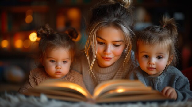 Zdjęcie młoda matka czyta w domu książeczkę z bajkami swoim uroczym bliźniakom