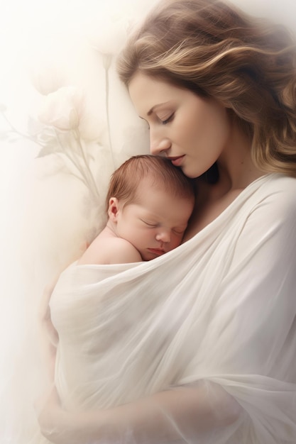Młoda matka przytulająca swoje śpiące nowo narodzone dziecko białe, spokojne tło tekstylne