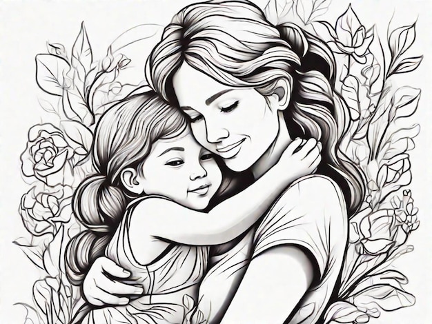 Zdjęcie młoda matka uściskająca dziecko na kwiatowym tle ręcznie narysowana ilustracja