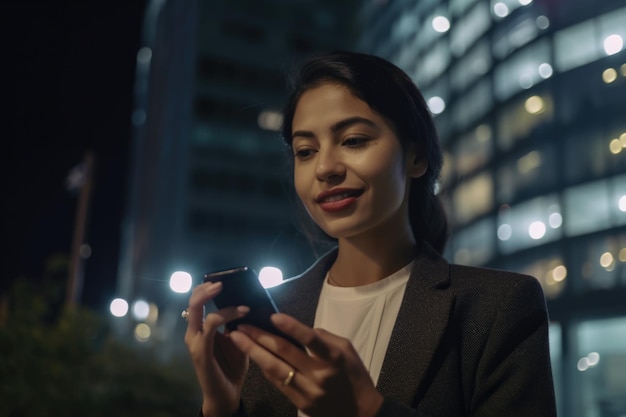 Młoda meksykańska latynoska biznesmenka, która korzysta z telefonu komórkowego na tle nowoczesnych budynków biurowych w nocy Generative AI AIG18