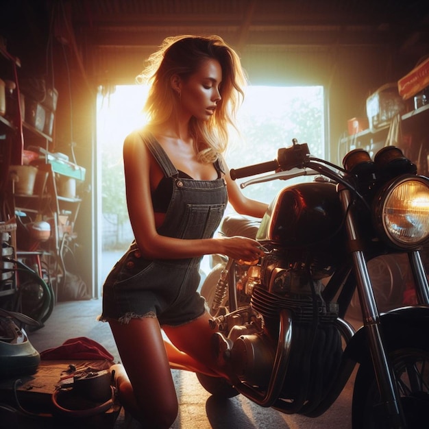 młoda, muskularna kobieta rasy mieszanej w ciemnym garażu naprawiająca motocykl, przyćmione, ciepłe światło