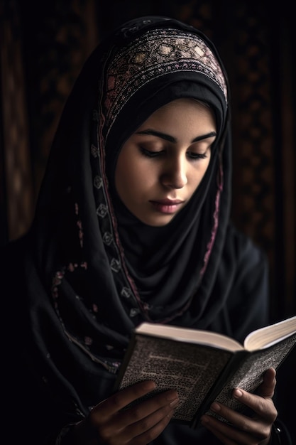 Młoda muzułmanka czytająca koran stworzony za pomocą generatywnego ai